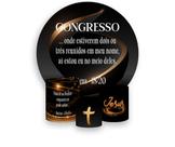 Painel De Festa Redondo 1,50x1,50 + Trio De Capas Cilindro - Congresso Cristão Preto e Dourado 057