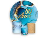 Painel De Festa Redondo 1,50x1,50 + Trio De Capas Cilindro - Efeito Mármore Azul com Dourado Idade 80 Anos 173 Painel De Festa Redondo 1,50x1,50 + Trio De Capas Cilindro - Efeito Mármore Azul com Dourado Idade 80 Anos 173