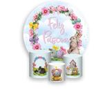 Painel De Festa Redondo 1,50x1,50 + Trio De Capas Cilindro -Feliz Páscoa Floral Rosa 002