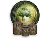 Painel De Festa Redondo 1,50x1,50 + Trio De Capas Cilindro -Floresta Bosque com Cogumelos 002