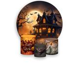 Painel De Festa Redondo 1,50x1,50 + Trio De Capas Cilindro - Halloween Casa Assombrada Alaranjado 027