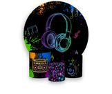 Painel De Festa Redondo 1,50x1,50 + Trio De Capas Cilindro - Headphone Efeito Neon 003