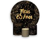 Painel De Festa Redondo 1,50x1,50 + Trio De Capas Cilindro - Meus 85 Anos Efeito Brilhos Dourado 126