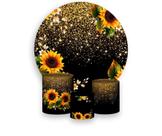Painel De Festa Redondo 1,50x1,50 + Trio De Capas Cilindro - Preto Efeito Glitter Dourado e Girassóis 001
