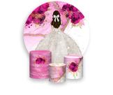 Painel De Festa Redondo 1,50x1,50 + Trio De Capas Cilindro- Princesa Efeito Marmorizado com Flores Pink Vestido Branco 044