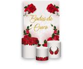 Painel De Festa Vertical 1,50 x 2,20, Trio De Capas Cilindro, Bodas de Ouro Rosas Vermelhas 045