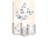 Painel De Festa Vertical 1,50 x 2,20 + Trio De Capas Cilindro - Borboletas Flores Azul Fundo Bege 044