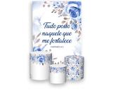 Painel De Festa Vertical 1,50 x 2,20 + Trio De Capas Cilindro - Floral Azul Religioso Deus Está no Controle 010