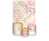 Painel De Festa Vertical 1,50 x 2,20 Trio De Capas Cilindro, Geométrico Rosa com Flores 043 Painel De Festa Vertical 1,50 x 2,20 Trio De Capas Cilindro, Geométrico Rosa com Flores 043