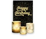 Painel De Festa Vertical 1,50 x 2,20 + Trio De Capas Cilindro - Happy Birthday Confetes Dourados Fundo Preto 014