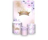 Painel De Festa Vertical 1,50 x 2,20 + Trio De Capas Cilindro - Realeza Rosa e Lilás Floral 021 Painel De Festa Vertical 1,50 x 2,20 + Trio De Capas Cilindro - Realeza Rosa e Lilás Floral 021