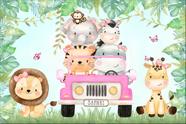 Painel de Lona Animais Cute Lacinho Rosa no Jipe Safári e Borboletas Rosas
