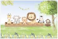 Painel de Lona Animais no Tronco Floresta Bosque Aquarela