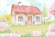 Painel de Lona Casa Jardim Flores Borboletas Casinha de Passarinho Aquarela Painel de Lona Casa Jardim Flores Borboletas Casinha de Passarinho Aquarela