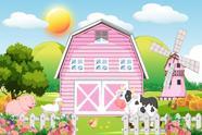 Painel de Lona Fazendinha Rosa Celeiro e Moinho Flores na Cerca