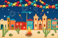 Painel de Lona Festa Junina Arraiá Cidade Fogueira Bandeirinhas Cactos Noite 200x150cm
