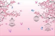 Painel de Lona Flor de Cerejeira e Borboletas Gaiolas Fundo Degradê Rosa