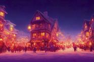 Painel de Lona Pintura Cidade Iluminada Luzes na Neve Painel de Lona Pintura Cidade Iluminada Luzes na Neve