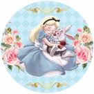Painel de Lona Redondo Alice e coelho flores Painel de Lona Redondo Alice e coelho flores