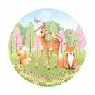 Painel de Lona Redondo Animais do Bosque Aquarela Flores e Borboletas 1x1m