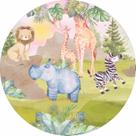 Painel de Lona Redondo Animais na savana Safari Folhas Tropicais Aquarela
