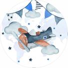 Painel de Lona Redondo Avião Nuvens Estrelas e Bandeirinhas Aquarelado