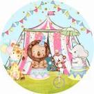Painel de Lona Redondo Circo Aquarela Animais Malabaristas Tenda Rosa