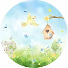 Painel de Lona Redondo Pássaro Amarelo no Jardim Aquarela