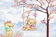 Painel de Lona Ursinhos Laço Balanço e Flores Aquarela