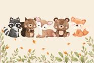 Painel de Tecido Sublimado Animais Cute Felizes Bosque outono