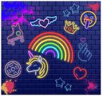 Painel de Tecido Sublimado Desenhos Neon Parede de Tijolos Azuis Painel de Tecido Sublimado Desenhos Neon Parede de Tijolos Azuis