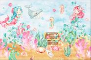 Painel de Tecido Sublimado Fundo do Mar Aquarela Sereia e Peixes Báu do Pirata