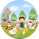 Painel de Tecido Sublimado Redondo Fazendinha Menino no Campo e Animais c/ Elástico