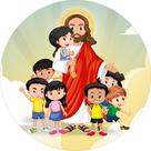 Painel de Tecido Sublimado Redondo Jesus com Crianças Céu Nuvens c/ Elástico Painel de Tecido Sublimado Redondo Jesus com Crianças Céu Nuvens c/ Elástico