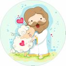 Painel de Tecido Sublimado Redondo Jesus Cute Ovelhinha Corações Fundo Azul c/ Elástico
