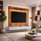 Painel Évora para TV 75” com Bancada Bali 180cm Lukaliam Jequitiba Ripado 3D/Off White