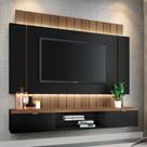 Painel Home Suspenso 1.8 para TV até 55 Polegadas com Fita LED MDP/MDF Illusion Preto/Castanho G26 - HB Móveis