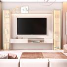 Painel para TV até 84 Polegadas LED com Vidro Reflecta 100% MDF 305cmx219cm 2 Cristaleiras Vitoria Regia Bege Off White