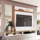 Painel Para TV Sala Quarto Até 50 Polegadas 160cm Branco Marrom Com Espelho Nichos Prateleira Vidro