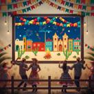 Painel Retangular de Lona Festa Junina Arraia Cidade Fogueira Bandeirinhas Cactos Noite