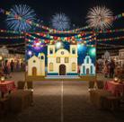 Painel Retangular de Lona Festa Junina Arraia Igrejas Bandeirinhas Noite Fogos de Artificio