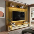Painel Ripado Led London 222cm e Rack Loop com Rodízios Tv 70 Polegadas Marrom Cedro/Off White
