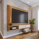 Painel Ripado para TV até 65 Polegadas com LED 179cmx155cm Detalhe 2 Portas Egeu Marrom Freijó/Off White Matte