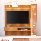 Painel Ripado para TV até 75 Polegadas com LED 100% MDF 223cmx219cm Cristaleira Vitoria Regia Yescasa Marrom Nature