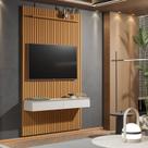 Painel Ripado Suspenso para TV até 55 Polegadas 100% MDF 138,6cmx240cm 2 Gavetas Arbo Marrom Cedro/Off White