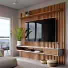 Painel Ripado Suspenso para TV até 60 Polegadas 220x160 cm Design Moderno Ideal para Sala Elegante e organizada Com Prateleira Superior Cor Nature