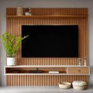 Painel Ripado Suspenso para TV até 75 Polegadas 2,20x2,30m Design Moderno Ideal para Sala Elegante e organizada Com Prateleira Superior Cor Nature