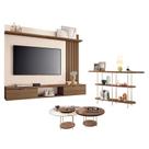 Painel Suspenso Lets Castanho Off White com Kit Mesa de Centro Sky e Aparador Infinity Castanho - HB Móveis