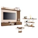 Painel Suspenso Lets Castanho Off White com Mesa de Centro Sky com tampo de Vidro e Aparador Infinity Castanho - HB Móveis
