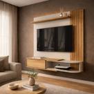 Painel TV 55 Polegadas Ambar MDF Ripado Sala De Estar Nicho Decorativo Com Porta E Prateleiras